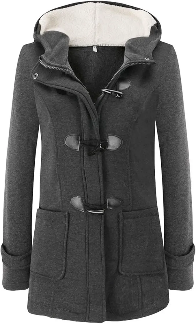 NEW Women Hooded Zipper Up Cow Horn Button Coats Fleece Padded Warm Long Sleeve Sweater Outwear, Dark Grey, Sz S