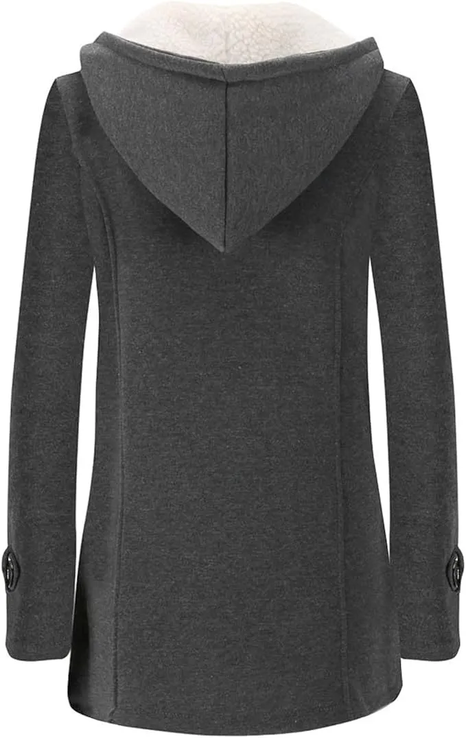 NEW Women Hooded Zipper Up Cow Horn Button Coats Fleece Padded Warm Long Sleeve Sweater Outwear, Dark Grey, Sz S