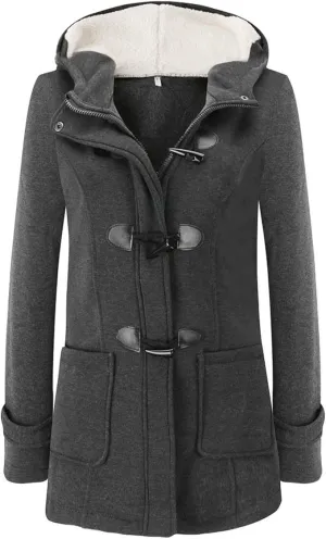 NEW Women Hooded Zipper Up Cow Horn Button Coats Fleece Padded Warm Long Sleeve Sweater Outwear, Dark Grey, Sz S