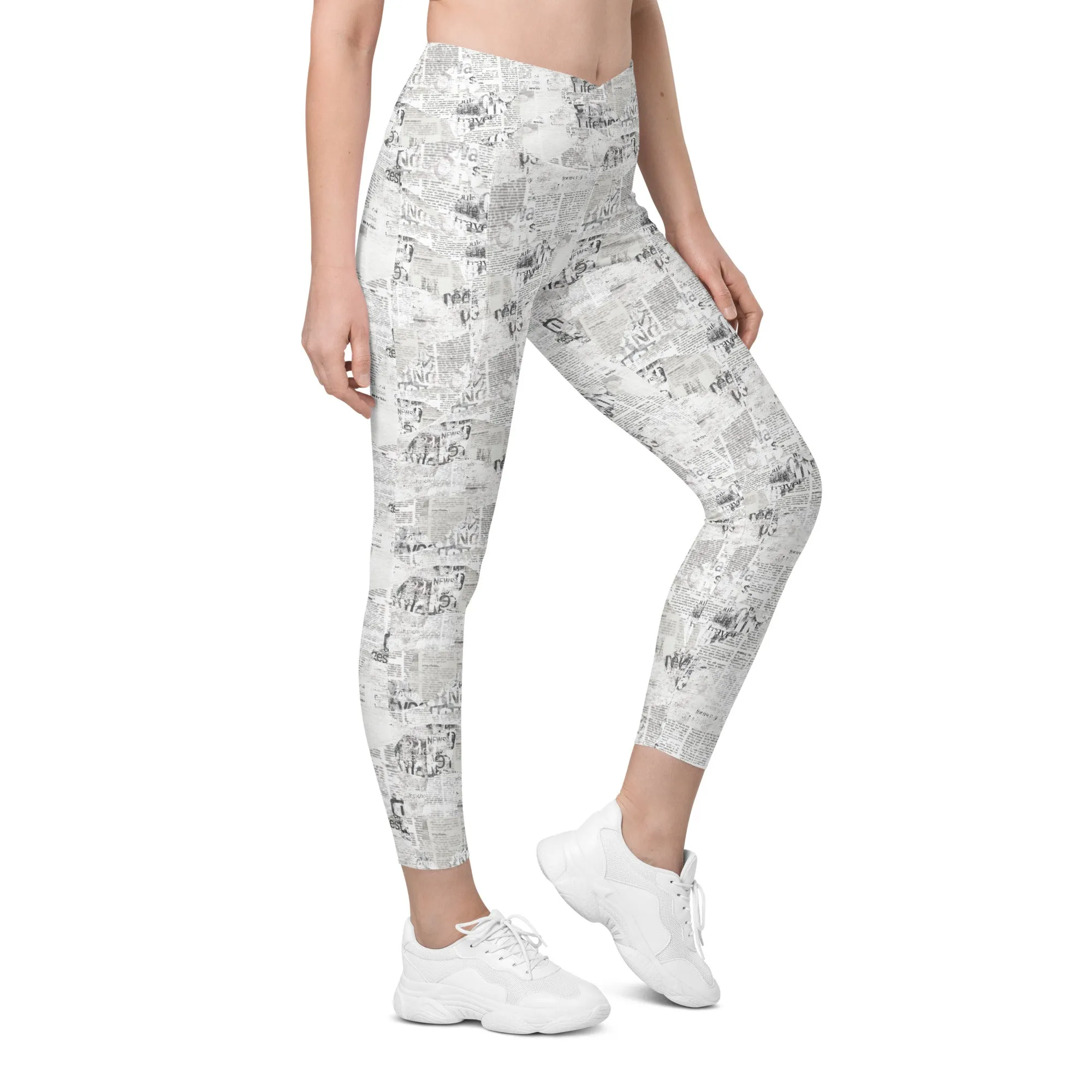 Newspaper Crossover leggings with pockets