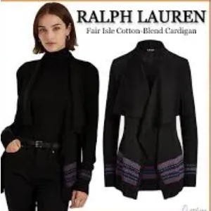 NWT $225 LAUREN Ralph Lauren Black Mu Shawl Collar Open Front Cardigan.