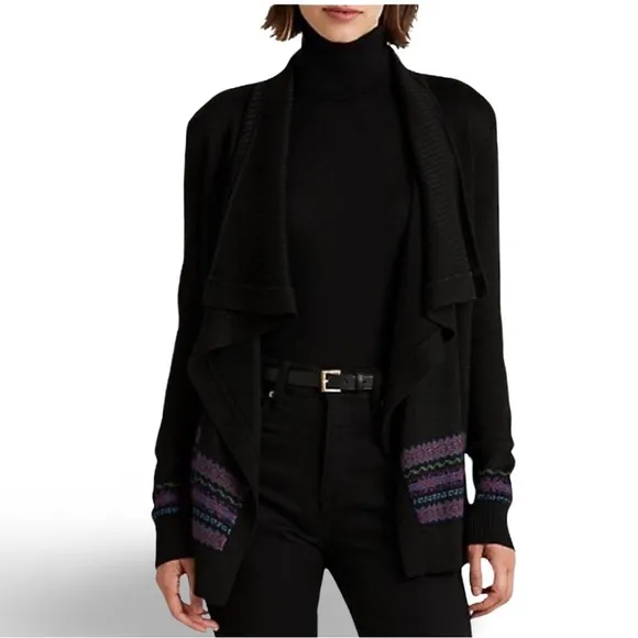 NWT $225 LAUREN Ralph Lauren Black Mu Shawl Collar Open Front Cardigan.