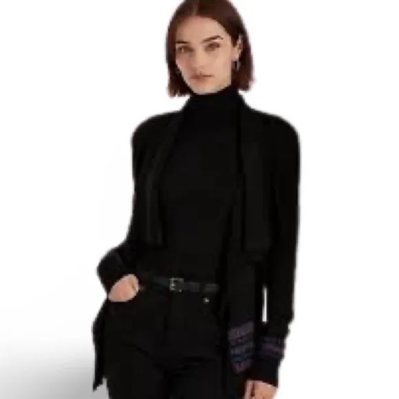 NWT $225 LAUREN Ralph Lauren Black Mu Shawl Collar Open Front Cardigan.