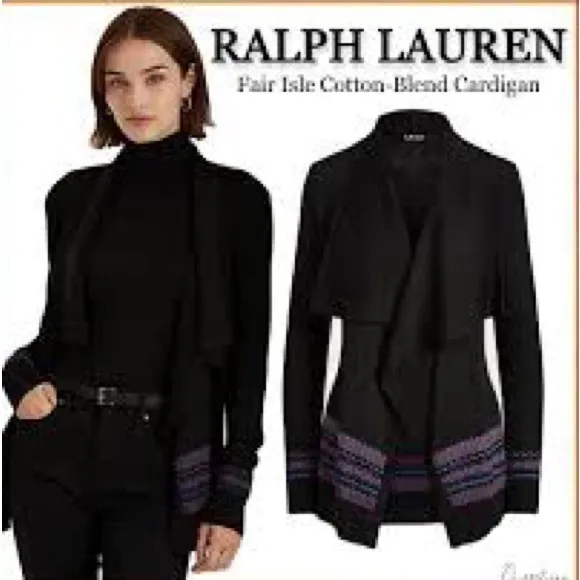 NWT $225 LAUREN Ralph Lauren Black Mu Shawl Collar Open Front Cardigan.