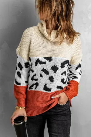 Patterned Color Block Turtleneck Sweater