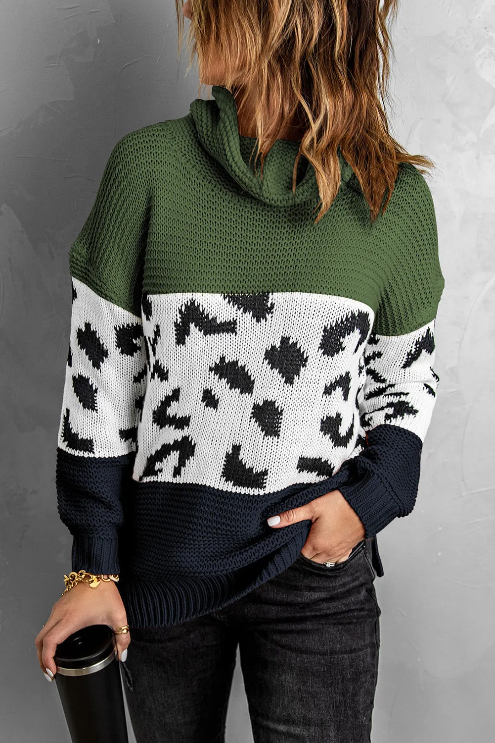 Patterned Color Block Turtleneck Sweater