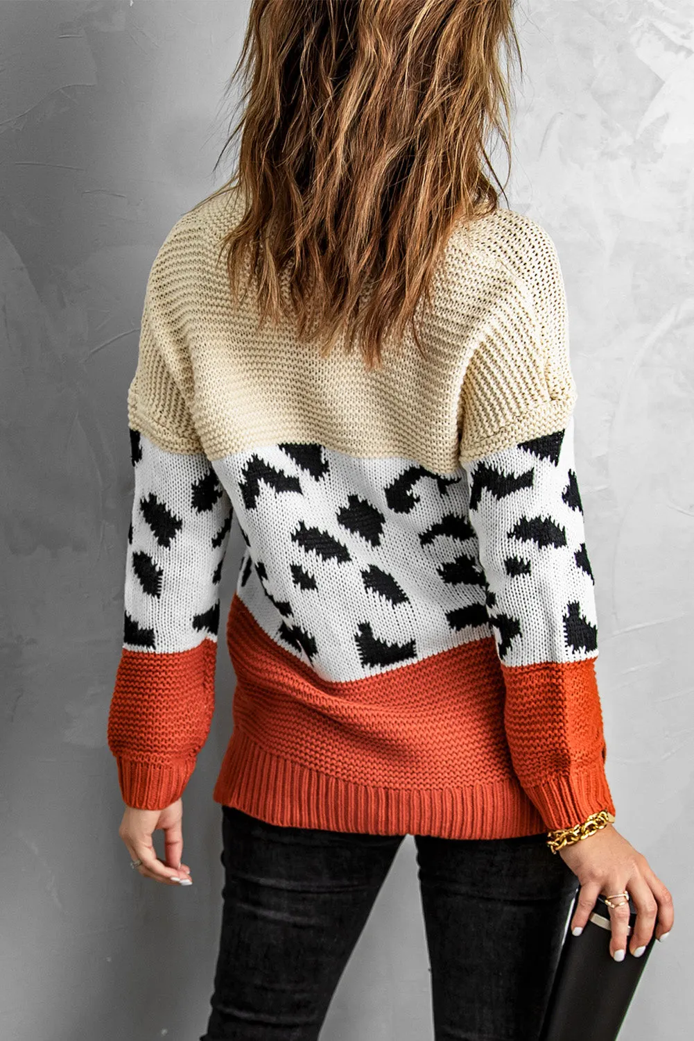 Patterned Color Block Turtleneck Sweater