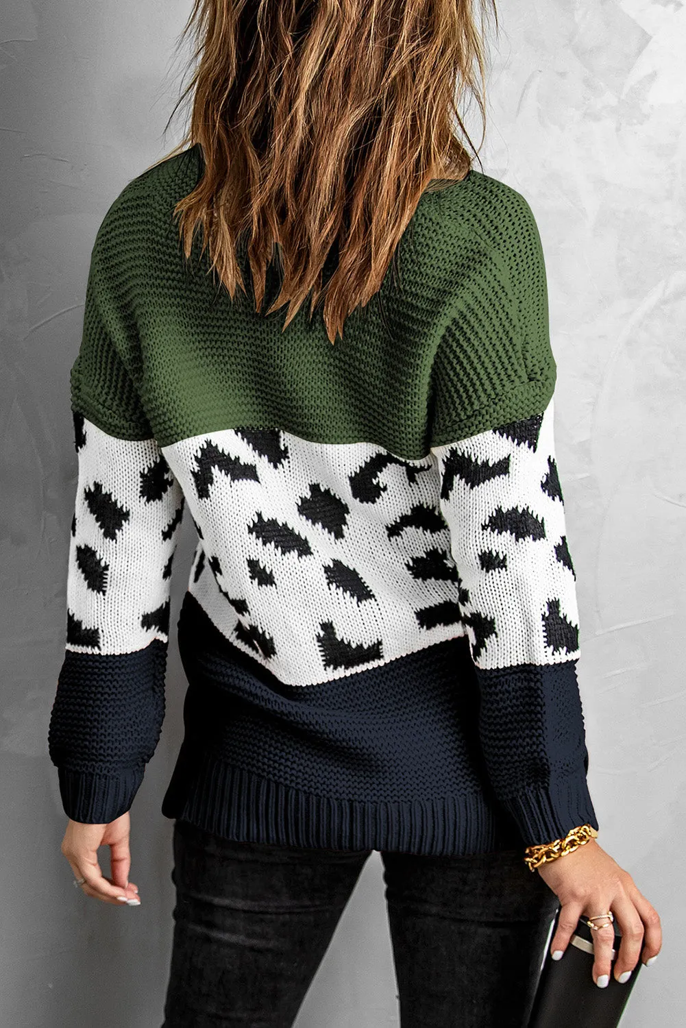 Patterned Color Block Turtleneck Sweater
