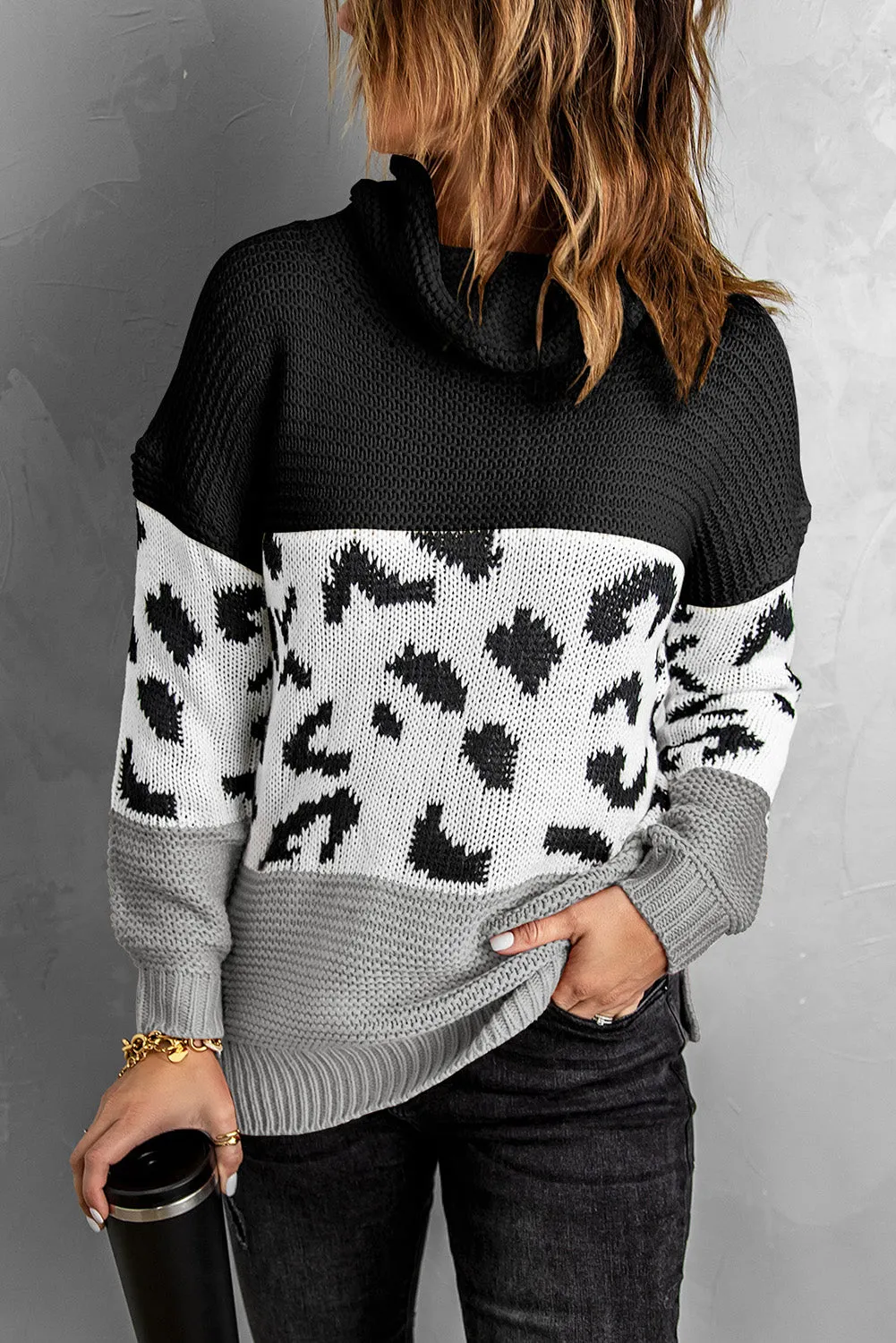 Patterned Color Block Turtleneck Sweater