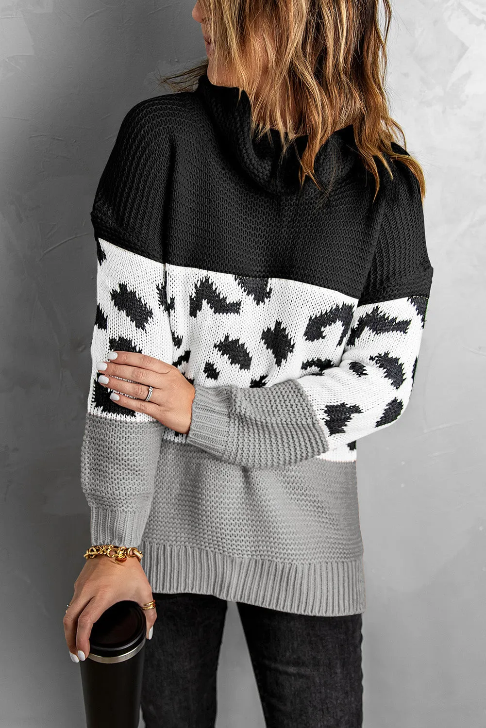 Patterned Color Block Turtleneck Sweater