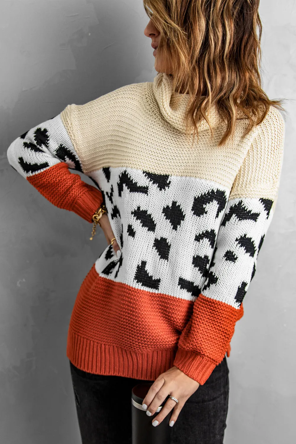 Patterned Color Block Turtleneck Sweater