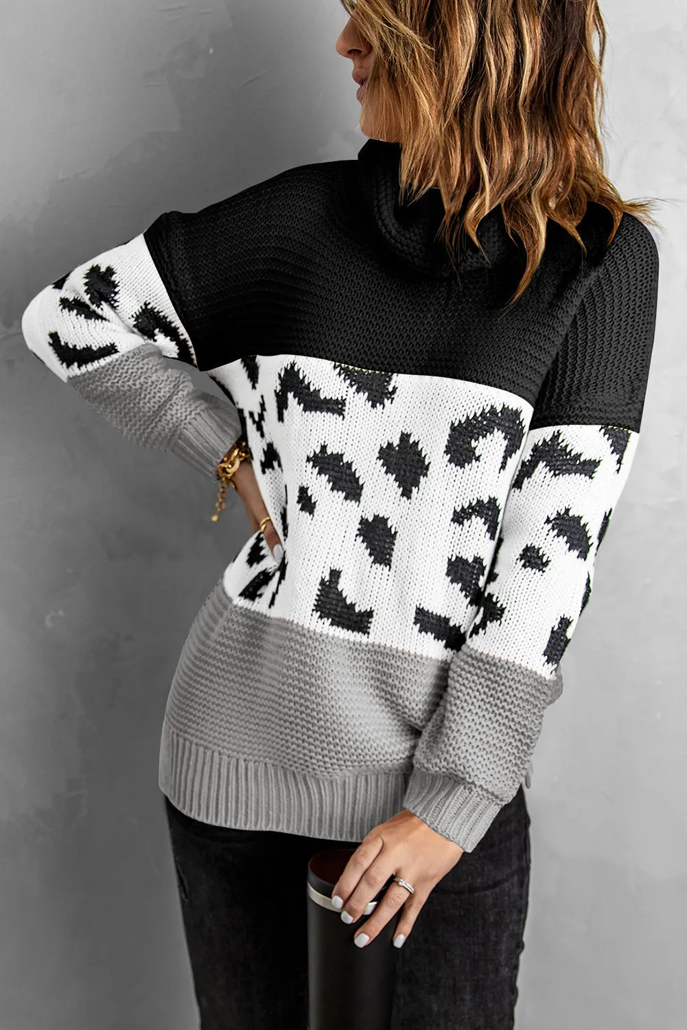 Patterned Color Block Turtleneck Sweater