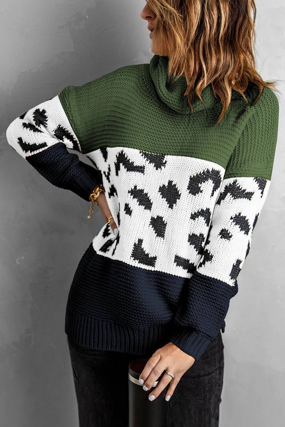 Patterned Color Block Turtleneck Sweater