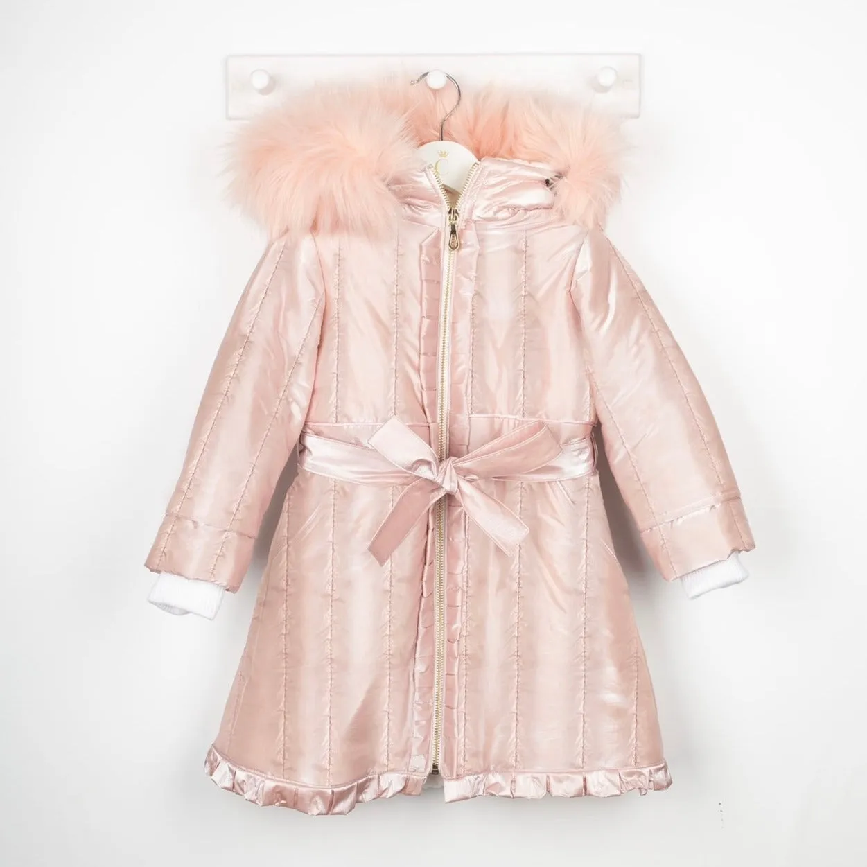 Pink Faux Fur Fleece Lined Ruffle Coat