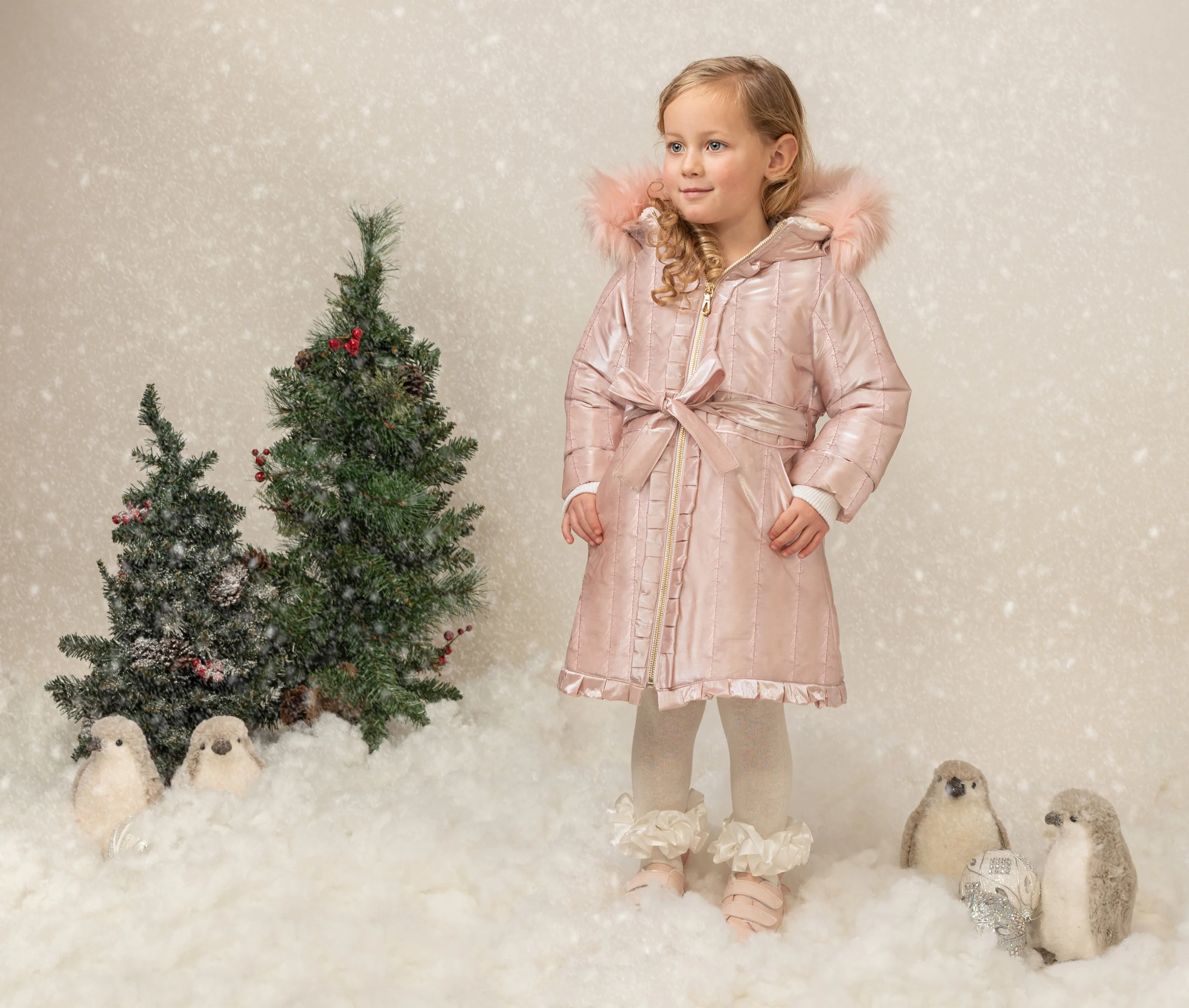 Pink Faux Fur Fleece Lined Ruffle Coat