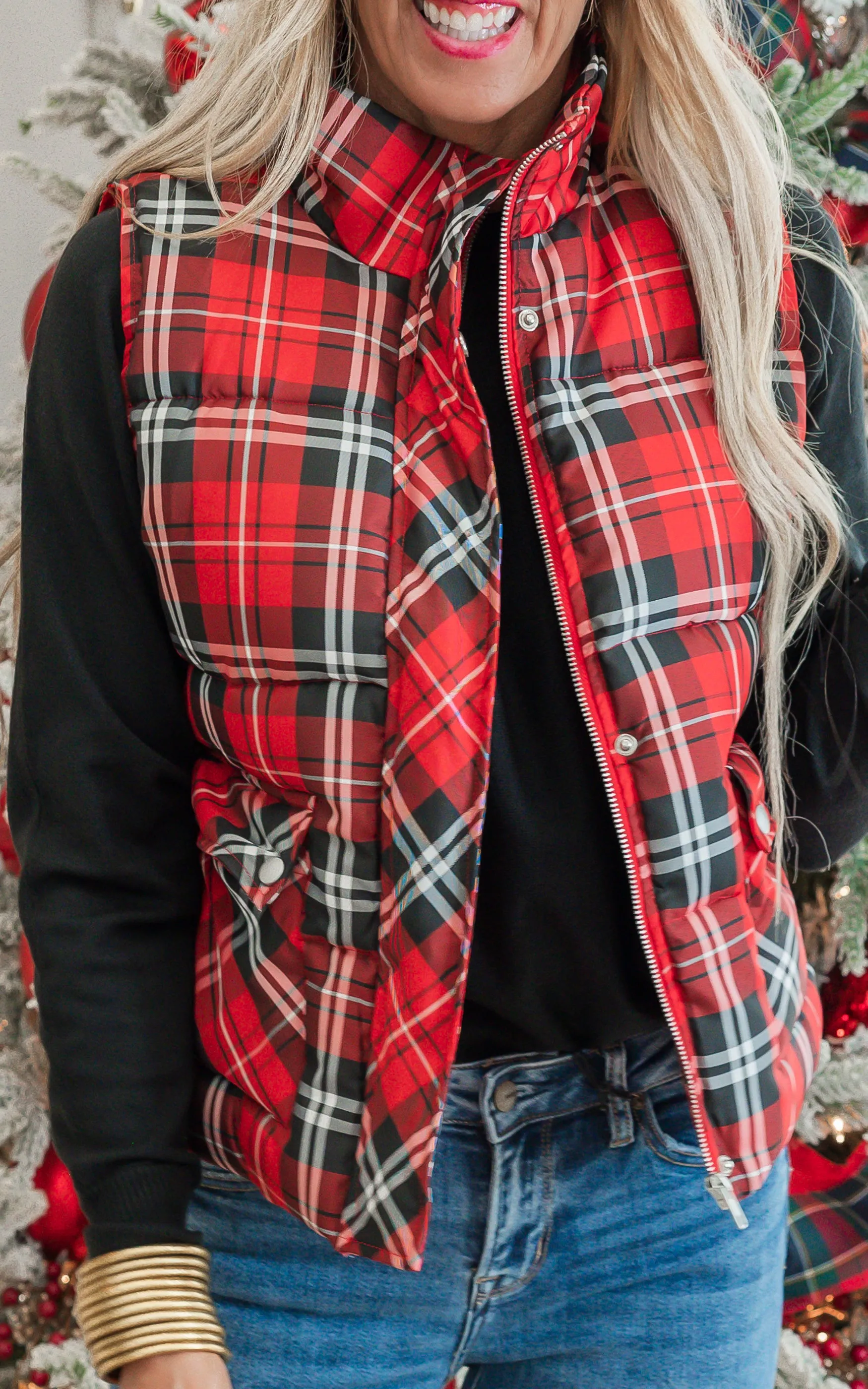 Red Plaid Puffer Vest** - Final Sale