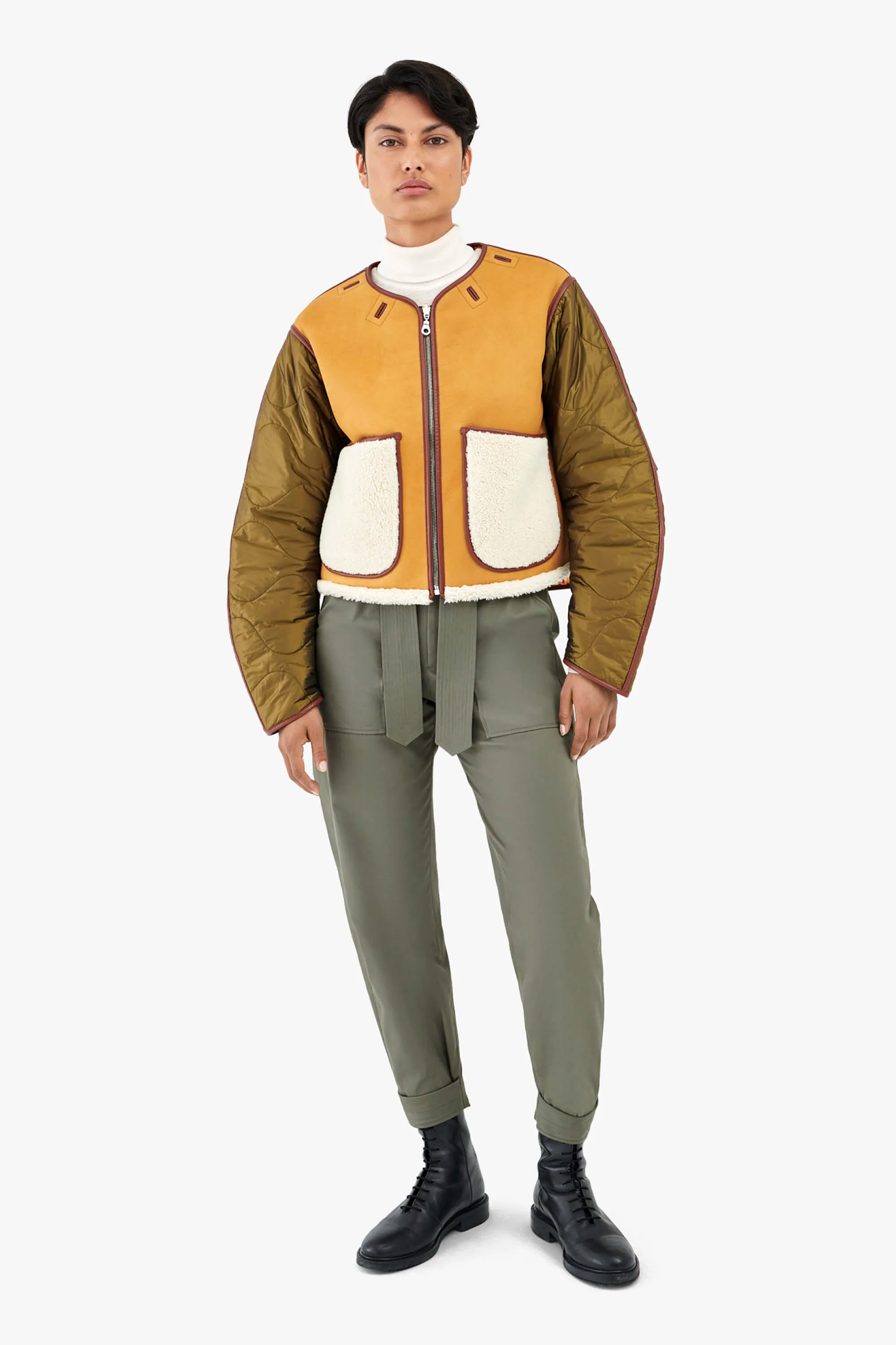 Shearling Cropped Aviator Quilt Jacket - Tan / Natural