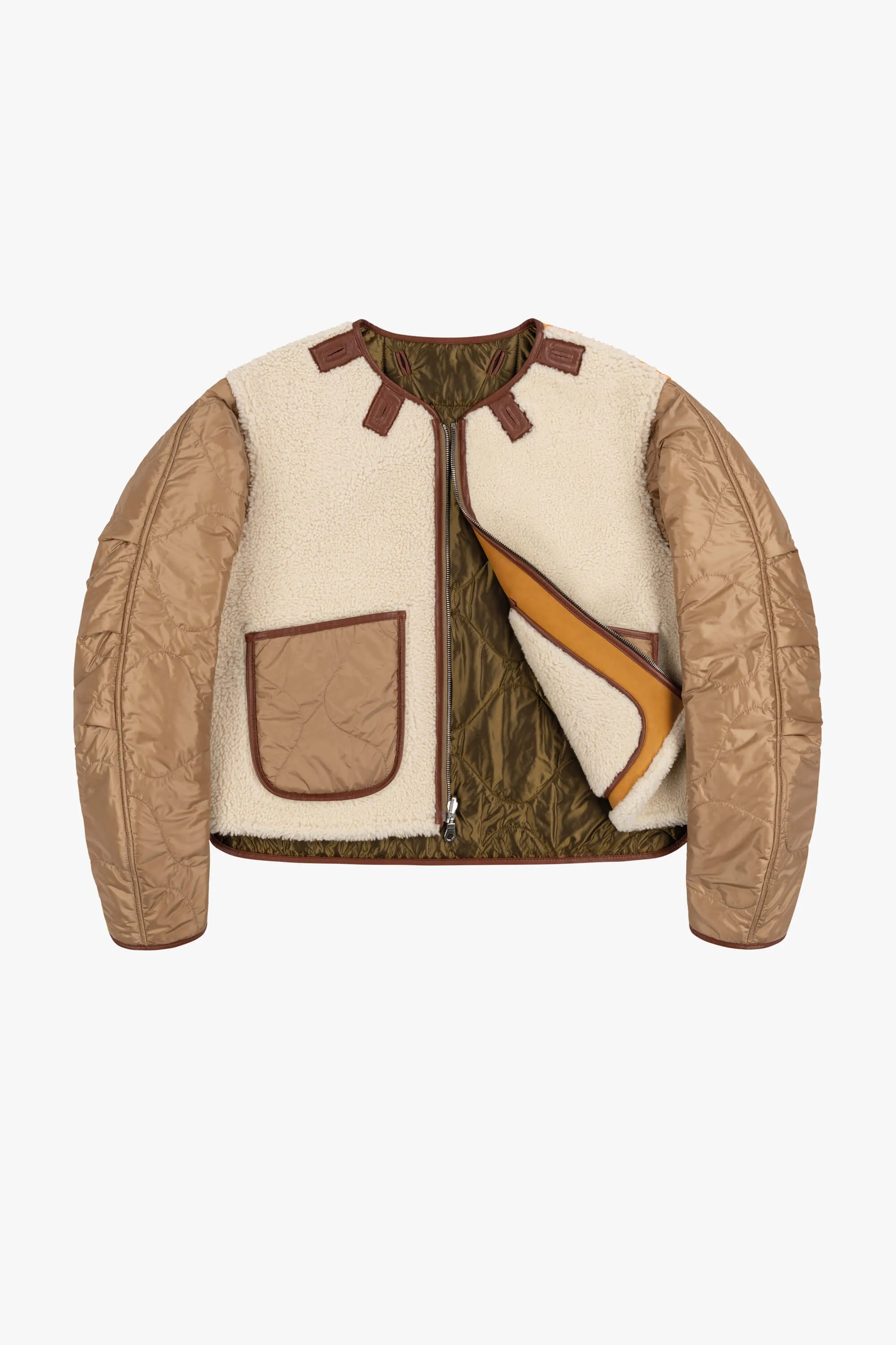 Shearling Cropped Aviator Quilt Jacket - Tan / Natural