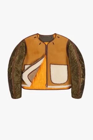 Shearling Cropped Aviator Quilt Jacket - Tan / Natural