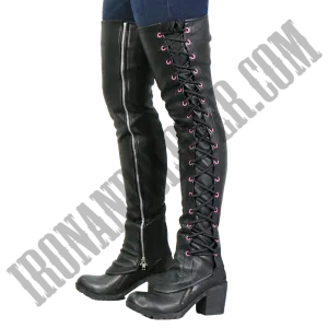 Side Lace Leather Leggings with Pink Accent