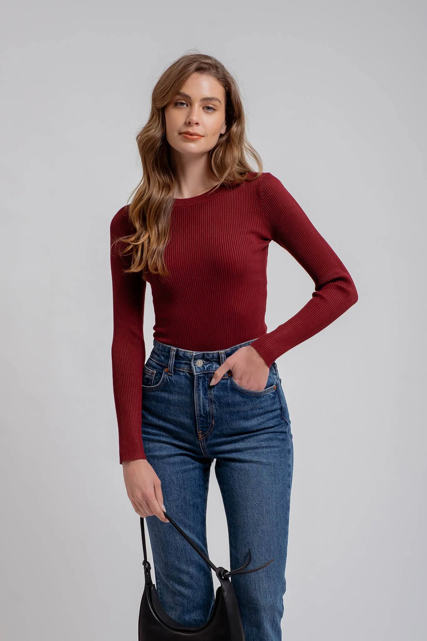 SOLID CREWNECK LONG SLEEVE SWEATER KNIT PULLOVER
