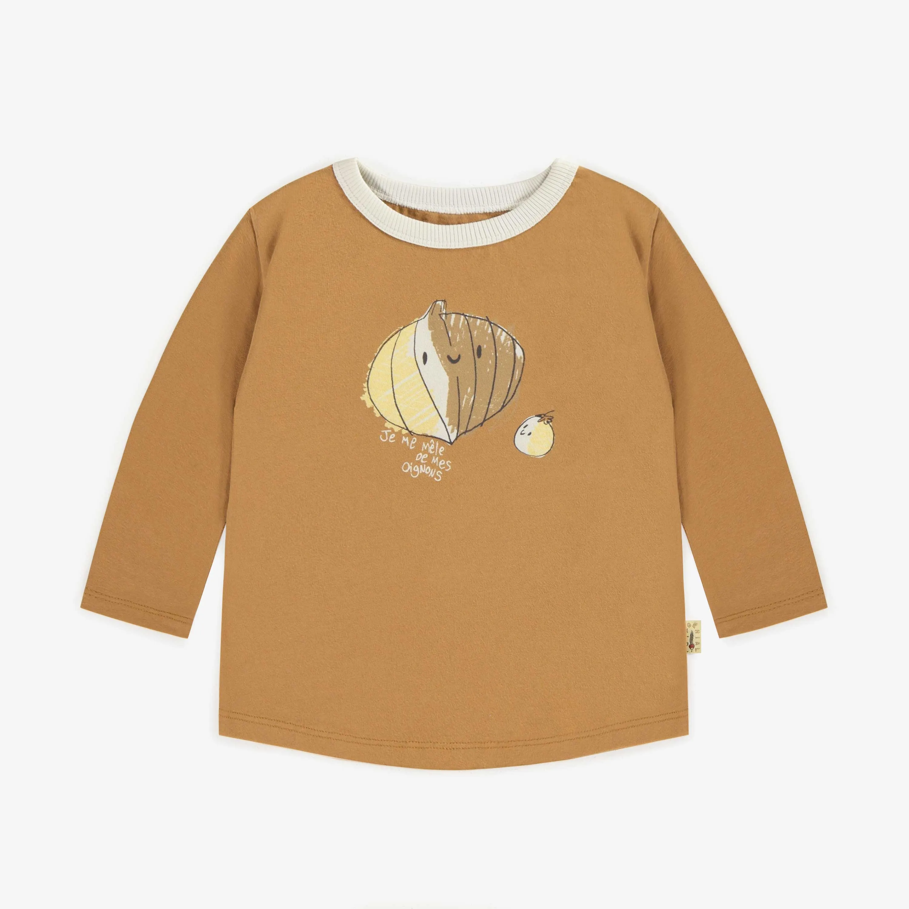 T-shirt brun à manches longues avec illustration d’oignon en coton, bébé || Brown long sleeves t-shirt with an onion illustration in cotton, baby