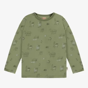 T-shirt à manches longues vert à motif en jersey, enfant || Green t-shirt with long sleeves with a print in jersey, child