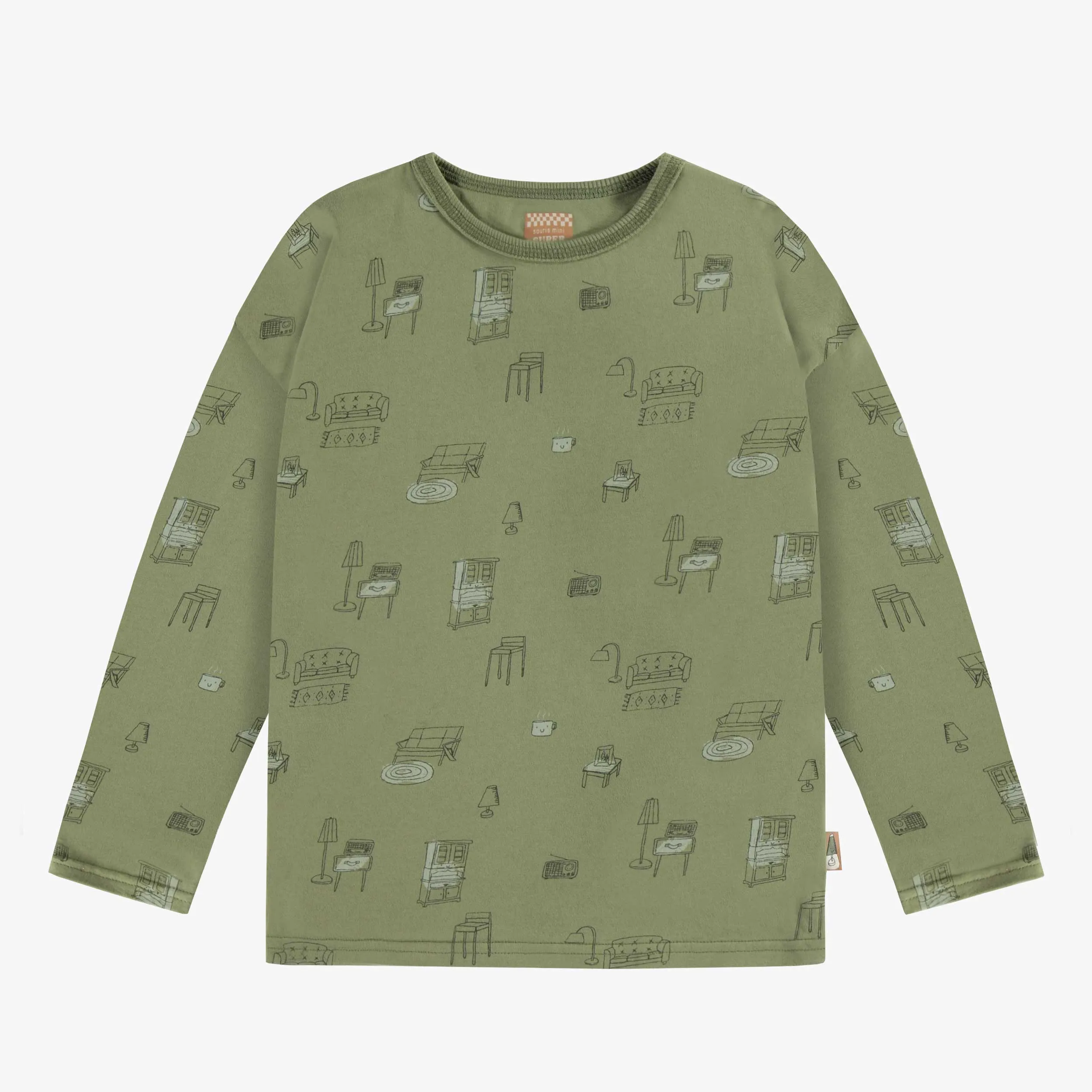 T-shirt à manches longues vert à motif en jersey, enfant || Green t-shirt with long sleeves with a print in jersey, child