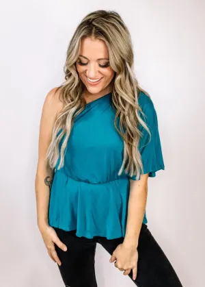 Teal One Shoulder Peplum Top