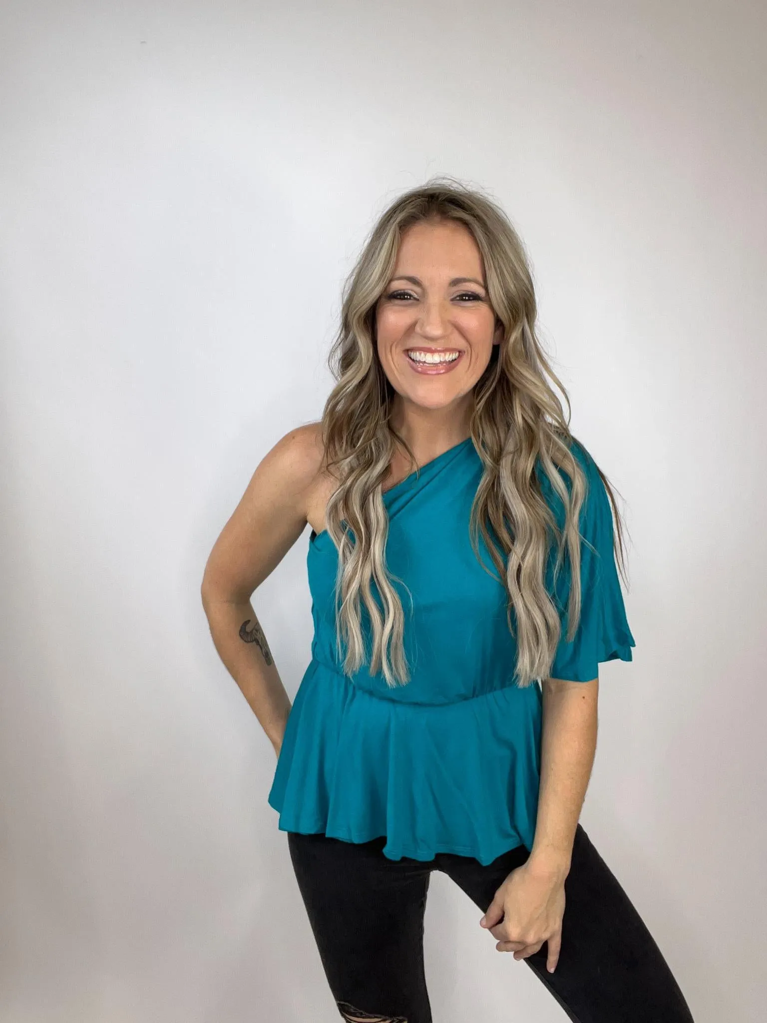 Teal One Shoulder Peplum Top