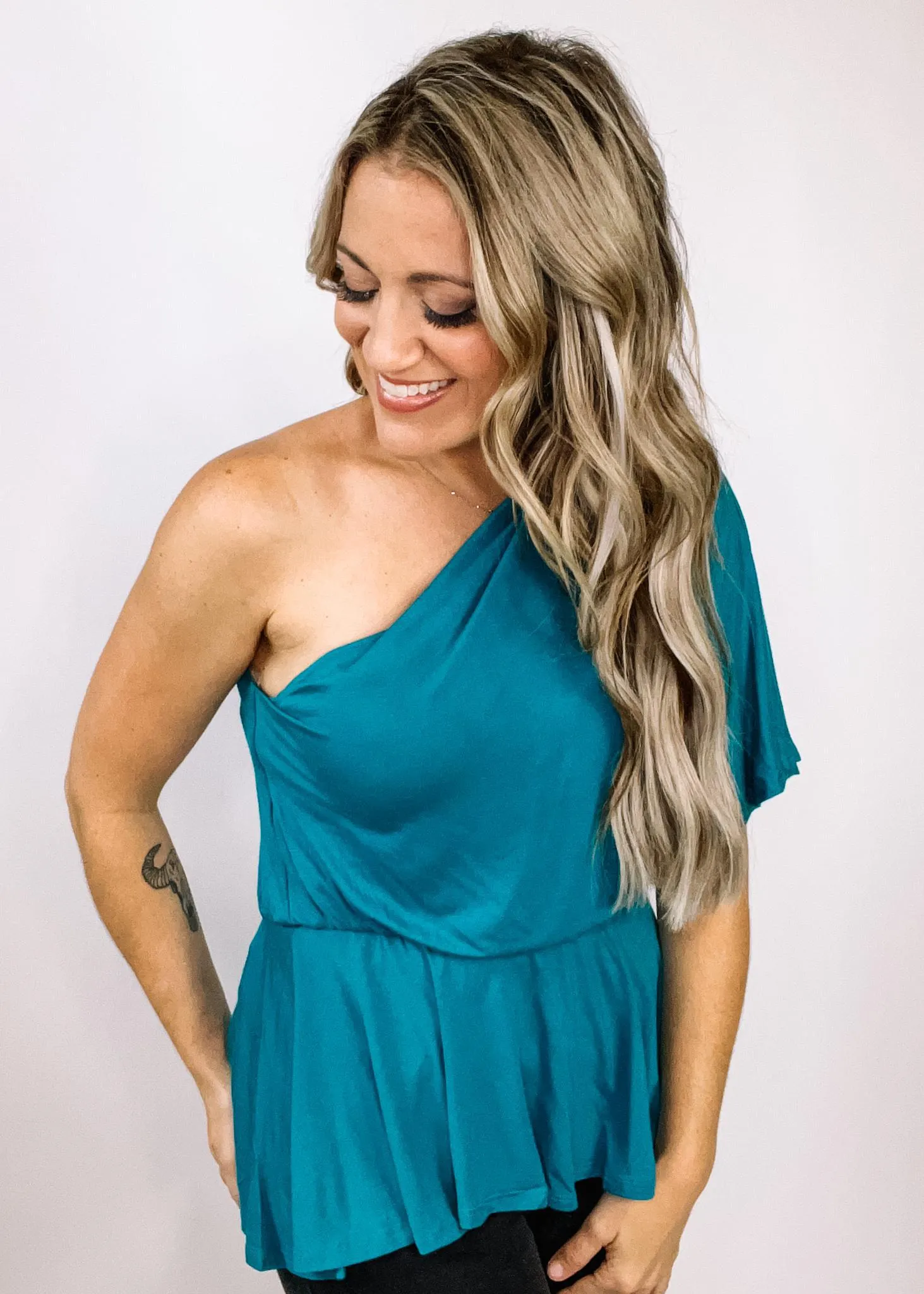 Teal One Shoulder Peplum Top