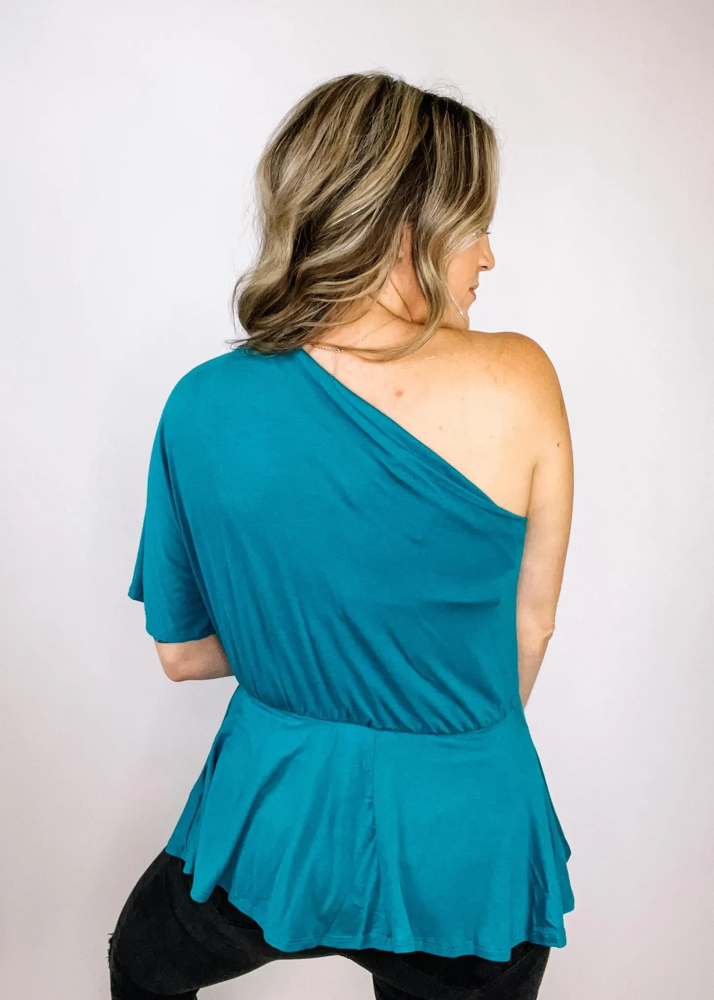 Teal One Shoulder Peplum Top