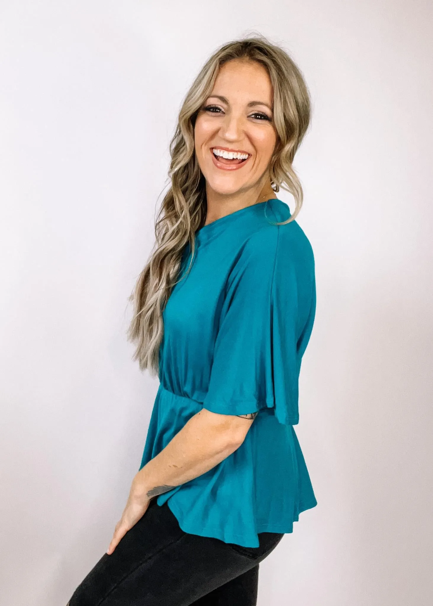 Teal One Shoulder Peplum Top