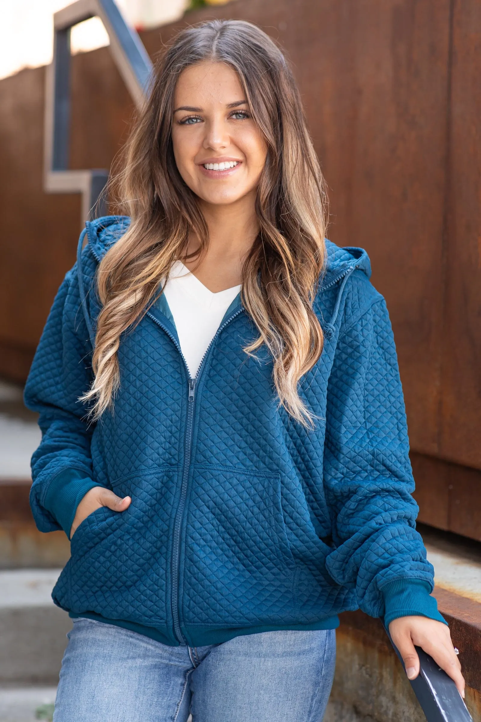 Teal Quilted Full Zip Hooded Jacket