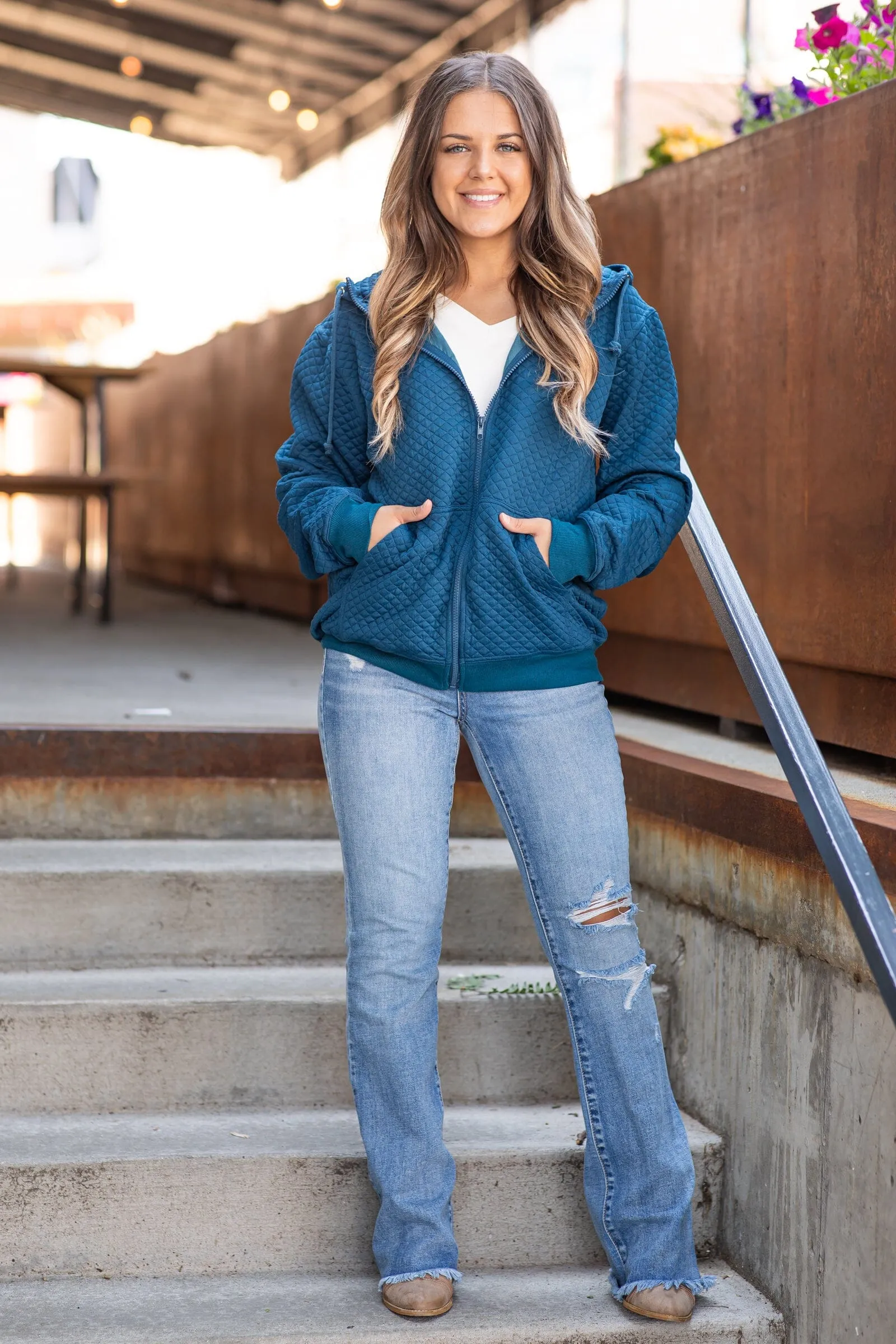 Teal Quilted Full Zip Hooded Jacket