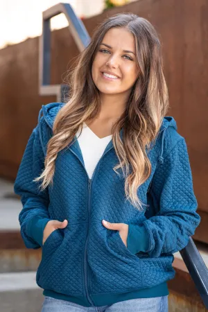 Teal Quilted Full Zip Hooded Jacket