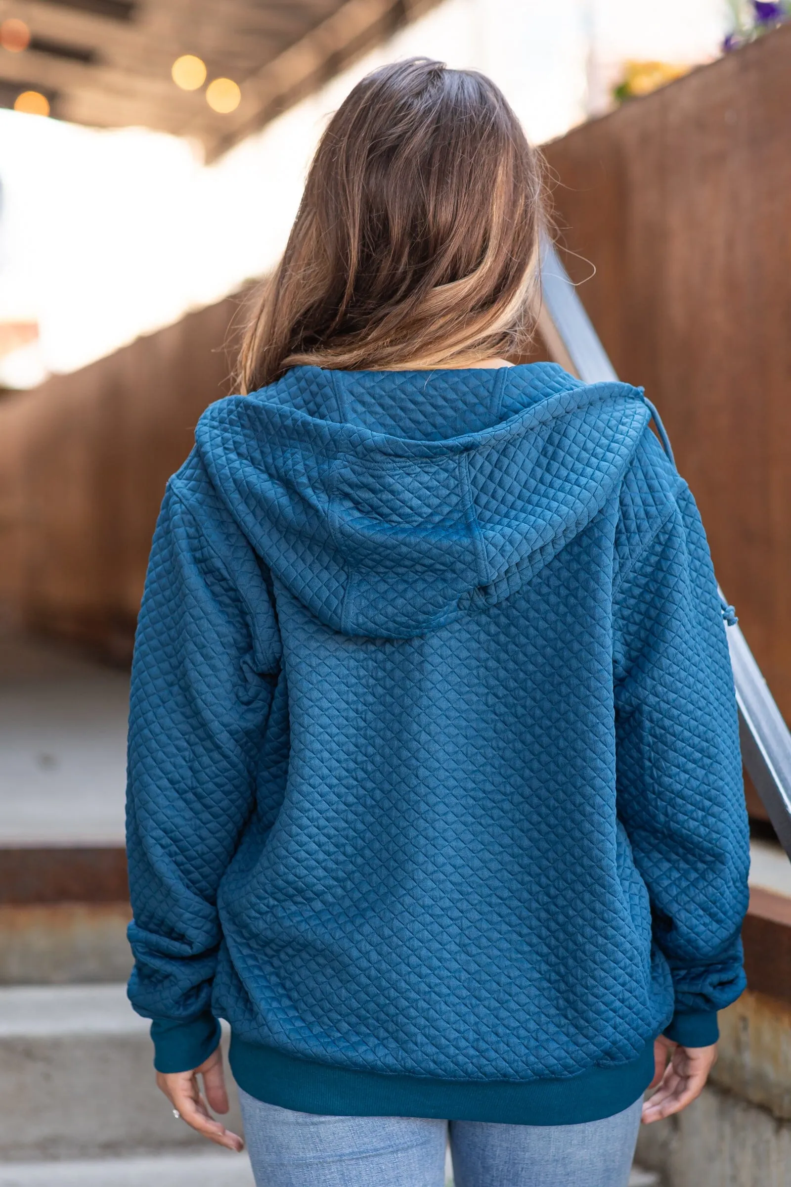 Teal Quilted Full Zip Hooded Jacket