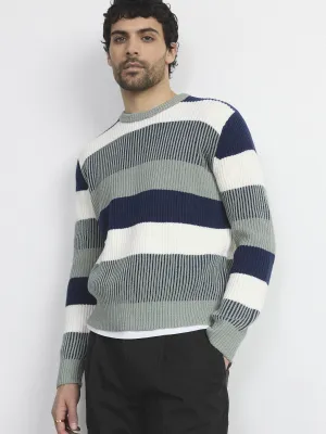 The Striped Ribbed Sweater in Grey Green