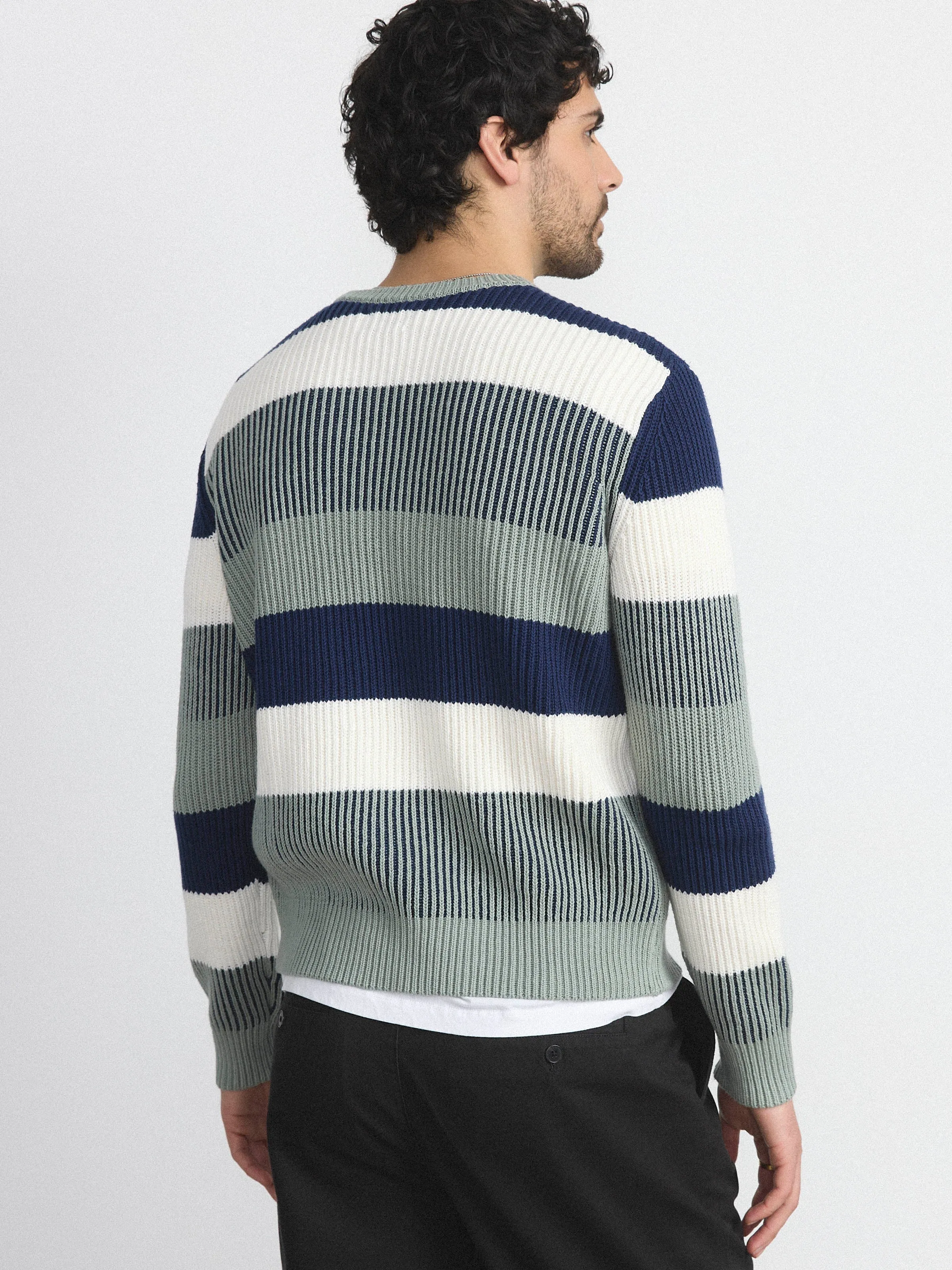The Striped Ribbed Sweater in Grey Green