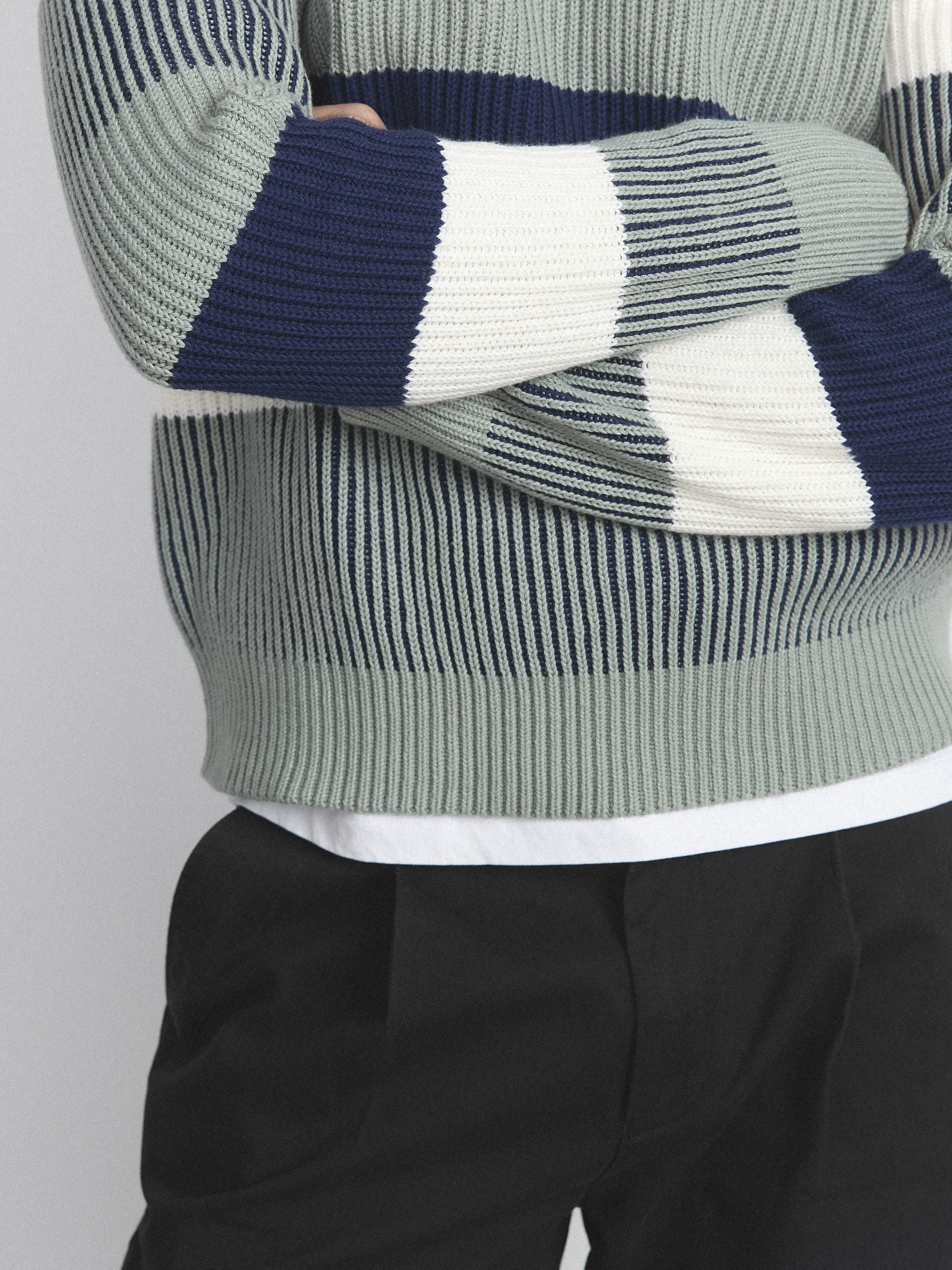 The Striped Ribbed Sweater in Grey Green