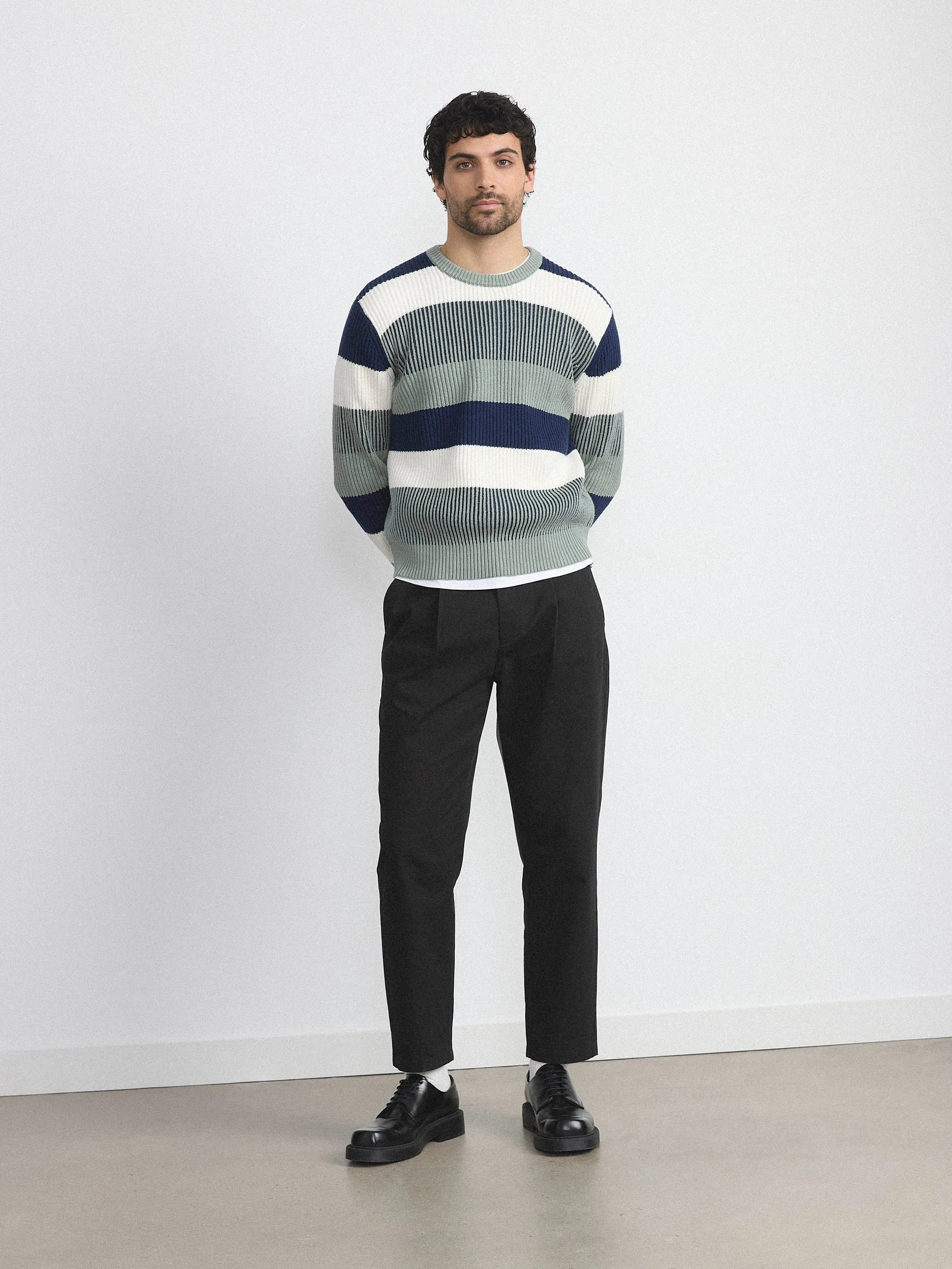 The Striped Ribbed Sweater in Grey Green