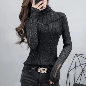 Top Quality Turtleneck Sweater Slim For Females Long-Sleeved Perspective Net Knitwear Bright Pull Ladies Sweaters Pullover Top