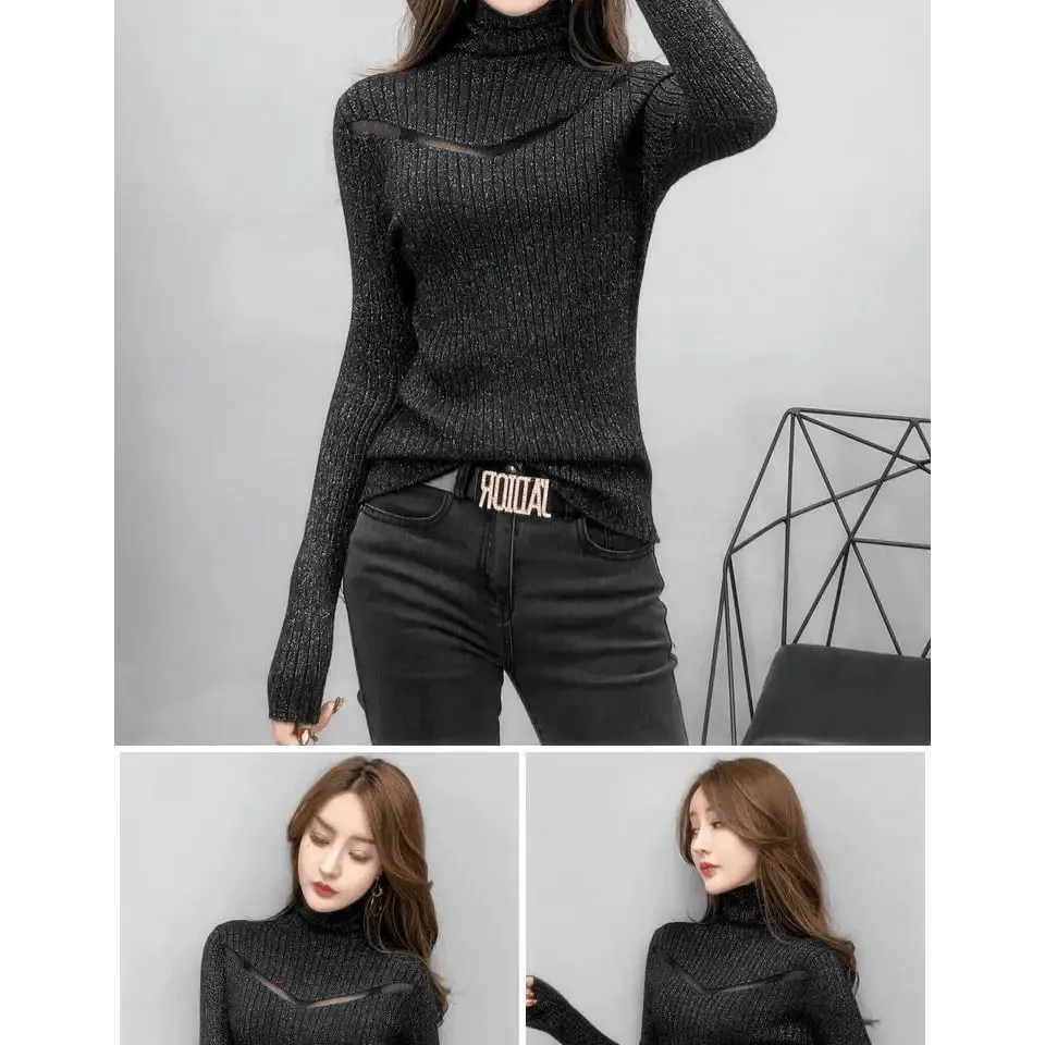 Top Quality Turtleneck Sweater Slim For Females Long-Sleeved Perspective Net Knitwear Bright Pull Ladies Sweaters Pullover Top
