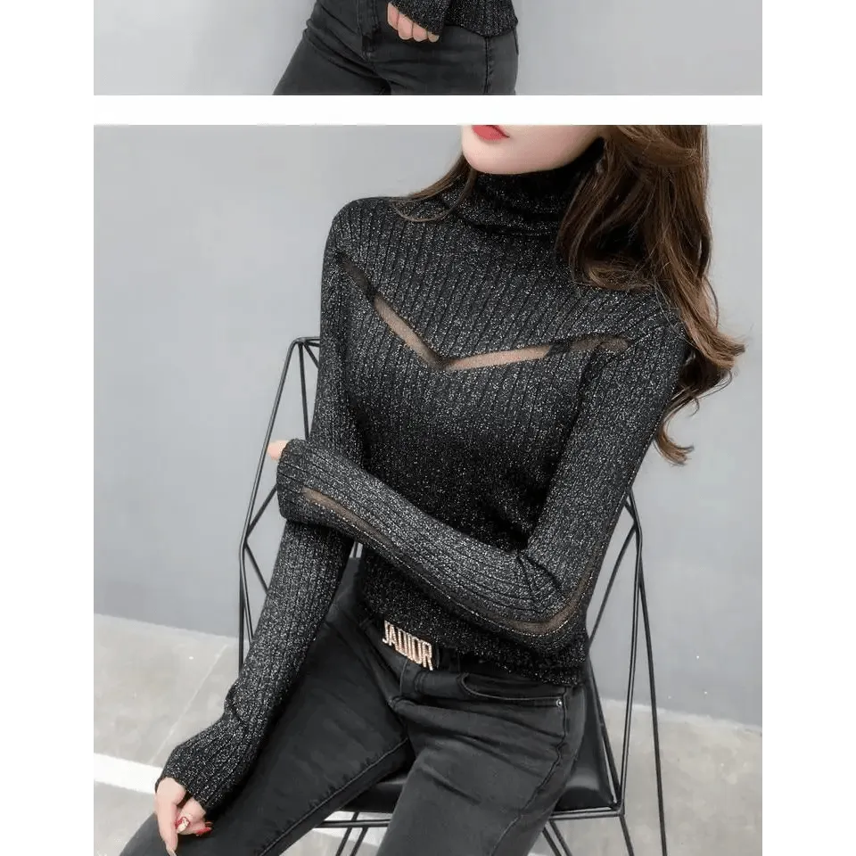 Top Quality Turtleneck Sweater Slim For Females Long-Sleeved Perspective Net Knitwear Bright Pull Ladies Sweaters Pullover Top