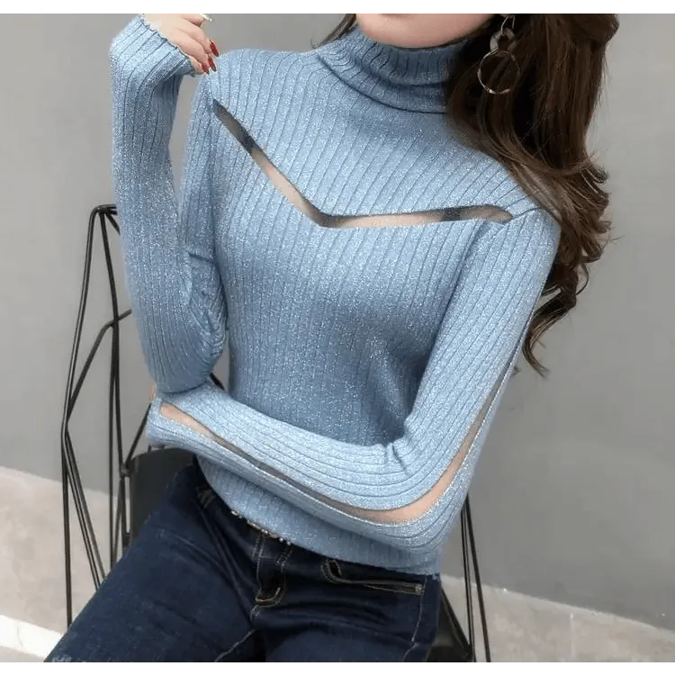 Top Quality Turtleneck Sweater Slim For Females Long-Sleeved Perspective Net Knitwear Bright Pull Ladies Sweaters Pullover Top