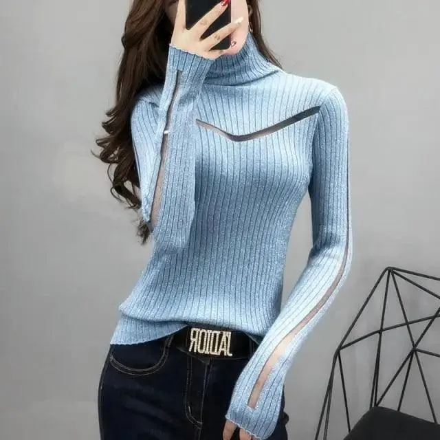 Top Quality Turtleneck Sweater Slim For Females Long-Sleeved Perspective Net Knitwear Bright Pull Ladies Sweaters Pullover Top