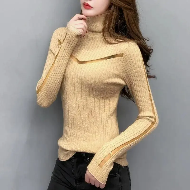 Top Quality Turtleneck Sweater Slim For Females Long-Sleeved Perspective Net Knitwear Bright Pull Ladies Sweaters Pullover Top