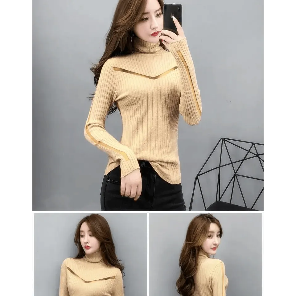 Top Quality Turtleneck Sweater Slim For Females Long-Sleeved Perspective Net Knitwear Bright Pull Ladies Sweaters Pullover Top