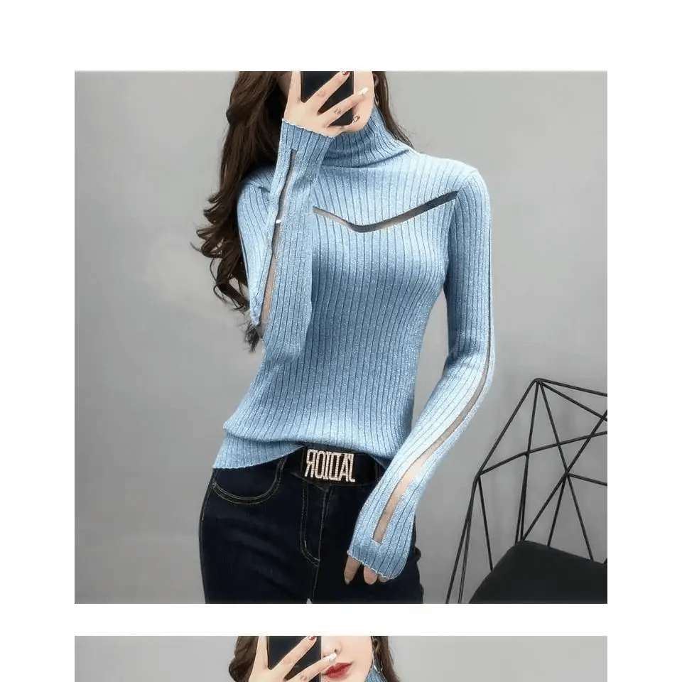 Top Quality Turtleneck Sweater Slim For Females Long-Sleeved Perspective Net Knitwear Bright Pull Ladies Sweaters Pullover Top
