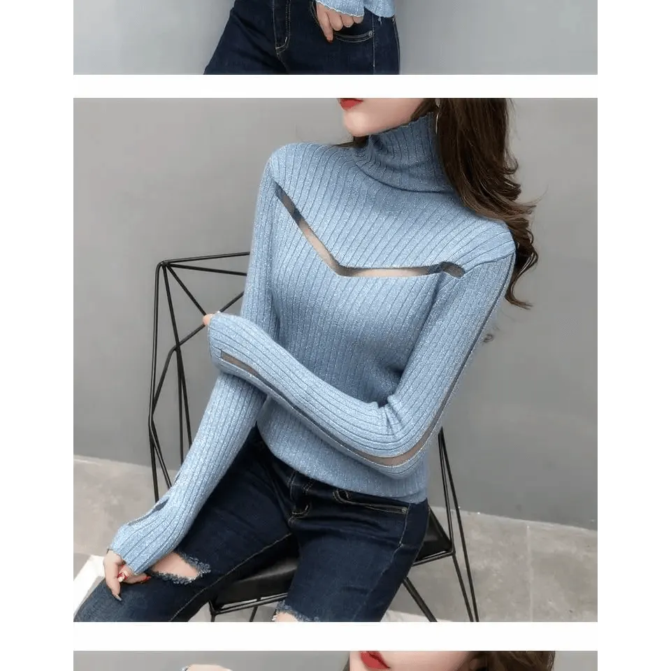 Top Quality Turtleneck Sweater Slim For Females Long-Sleeved Perspective Net Knitwear Bright Pull Ladies Sweaters Pullover Top